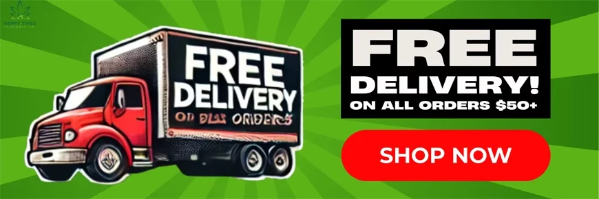 Image of a red delivery truck advertising Happy Times Cannabis' delivery deal. The deal is Delivery is Free on all orders of $50 or more.